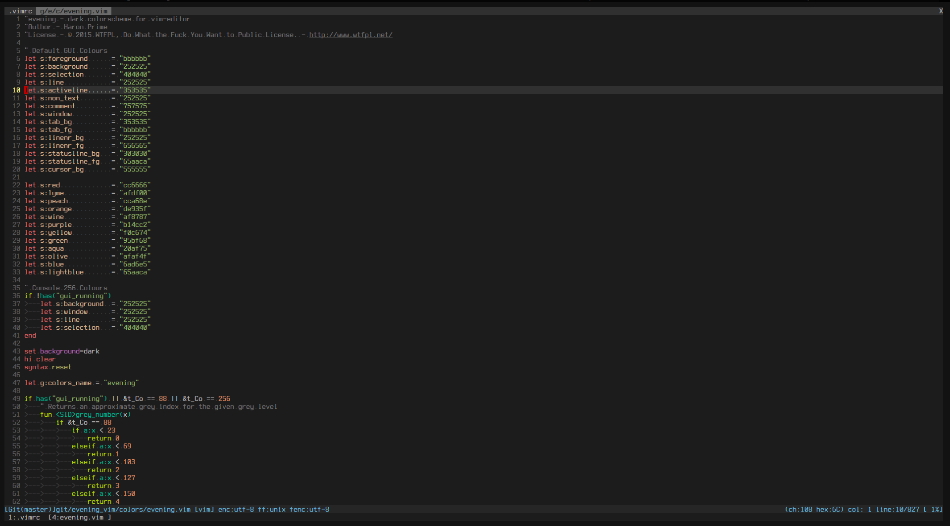 "Vim evening theme screenshot"