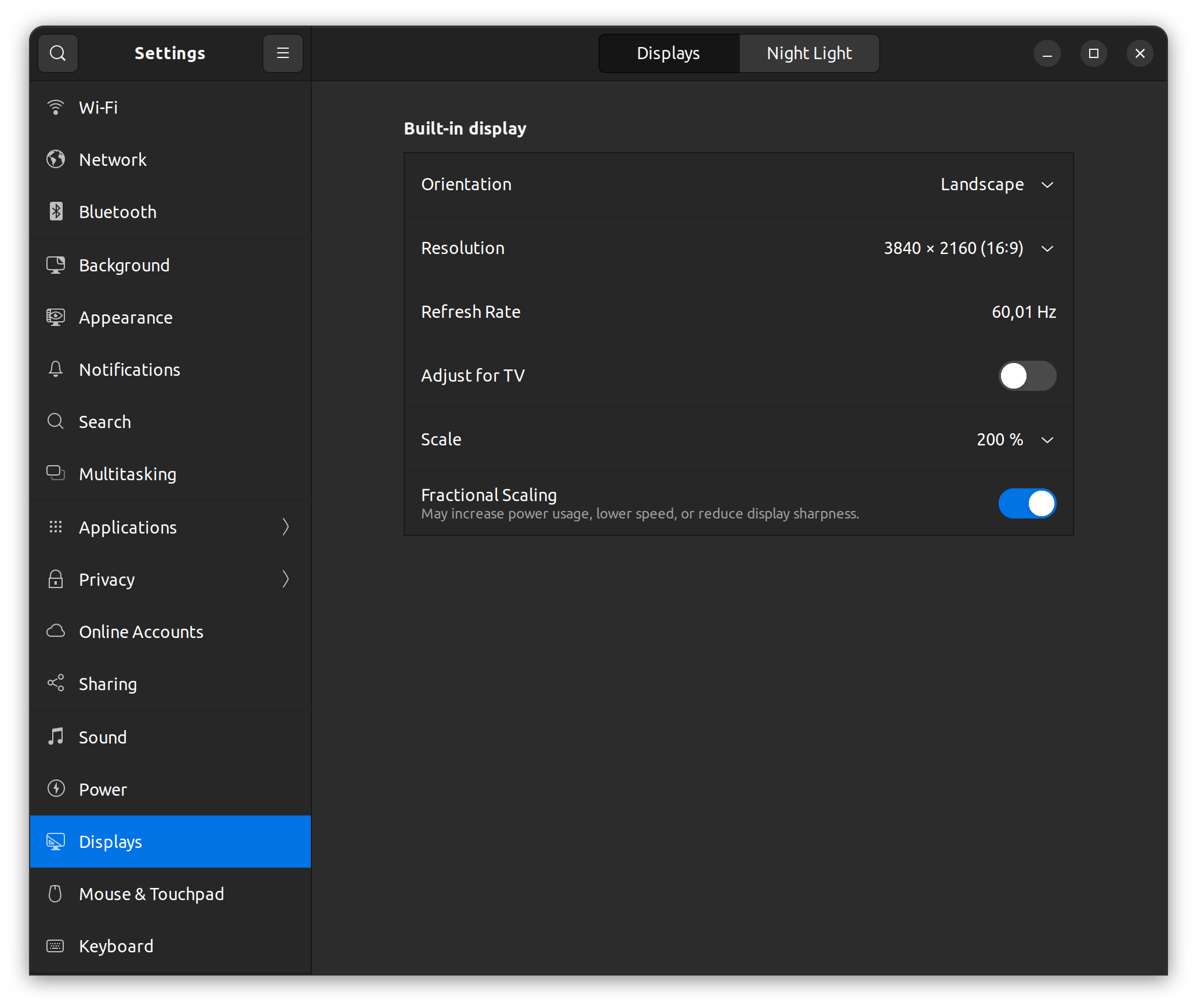 Fractional scaling option in GNOME Control Center